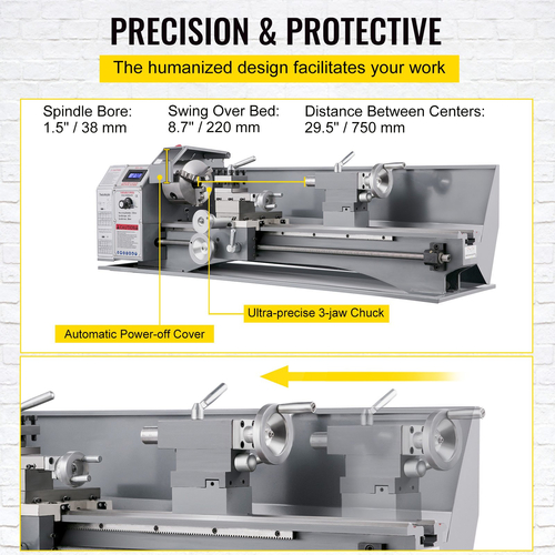 VEVOR 1100W Mini Metal Lathe 220MMx750MM Μεταλλικός Τόρνος Μεταβλητής Ταχύτητας RPM Μηχάνημα φρεζαρίσματος μετάλλων Ψηφιακός μεταλλικός τόρνος φρεζαρίσματος με τσοκ 3 σιαγόνων, κωνικός άξονας MT5, κωνικό MT2 Tailstock