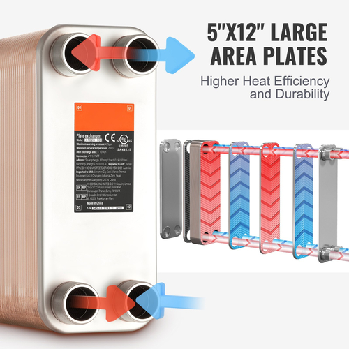 VEVOR 100 Plate Heat Exchanger 4*1-1/4&quot; MNPT Ports 5&quot;x 12&quot; Brazed 316L St. Steel