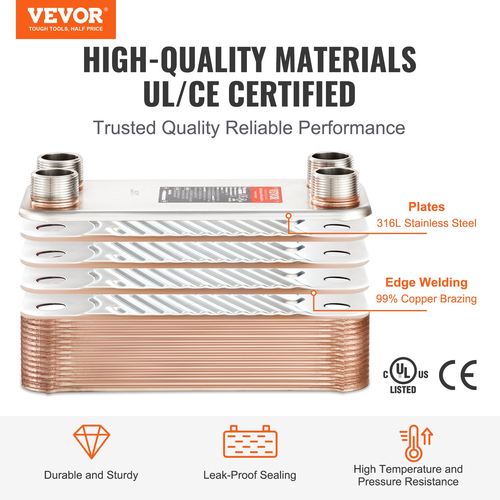 VEVOR 30 Plate Heat Exchanger 4*1-1/4&quot; MNPT Ports 5&quot;x 12&quot; Brazed 316L St. Steel