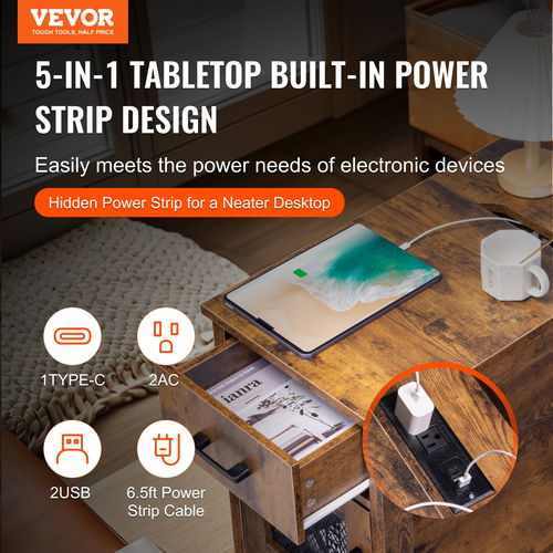 VEVOR Farmhouse End Table Night Stand με θύρες USB και πρίζες αποθήκευσης 3 επιπέδων