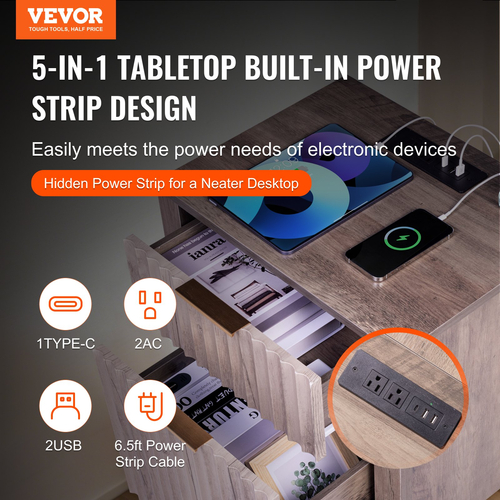 VEVOR Farmhouse End Table Night Stand με USB &amp; Outlets Σετ 2 Γκρι