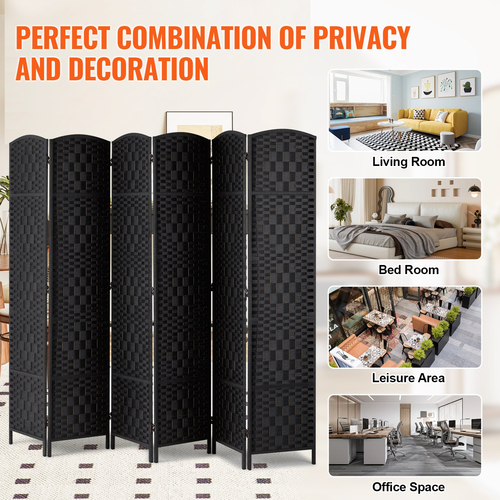 VEVOR 6 Panel Room Divider Χειροποίητη υφασμένη πτυσσόμενη οθόνη προστασίας προσωπικών δεδομένων με μαύρους μεντεσέδες