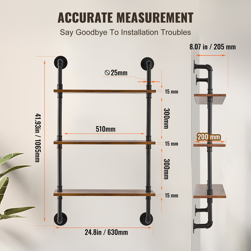 VEVOR Industrial Pipe Ράφι 3 επιπέδων 24x7,87 ιντσών επιτοίχιας βάσης για κρεβατοκάμαρα κουζίνας