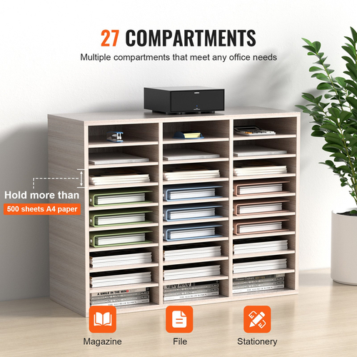 VEVOR Wood Literature Organizer File Sorter Στήριγμα αποθήκευσης χαρτιού 27 υποδοχές Γκρι