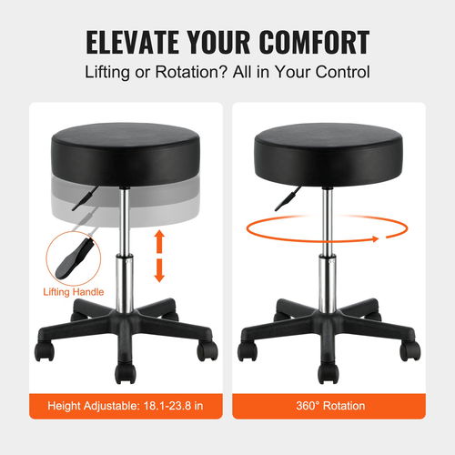 VEVOR Rolling Stools με ρόδες, 400 LBS Weight Capacity Σκαμπό ρυθμιζόμενου ύψους με εξαιρετικά παχύ μαξιλάρι καθίσματος, περιστρεφόμενη καρέκλα σκαμπό για σαλόνι, μπαρ, σπίτι, γραφείο, τατουάζ, ιατρικό, μασάζ, μαύρο