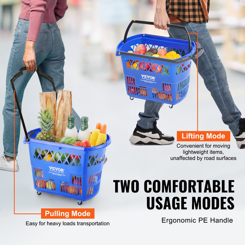 VEVOR Plastic Rolling Trolley Shopping Basket On Wheels 6PCS 39L with Handle