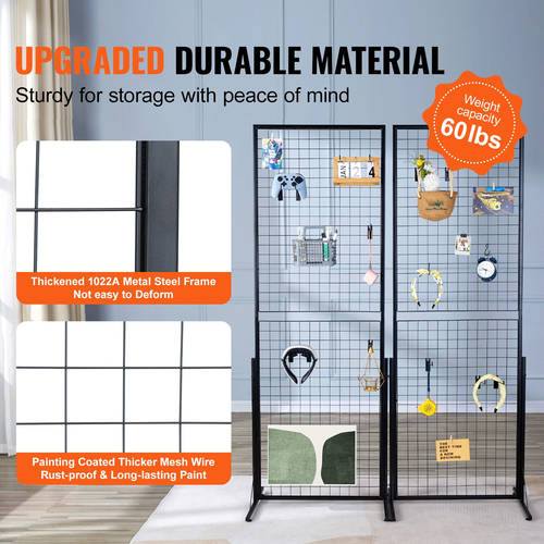 VEVOR 2&#039; x 5,6&#039; Grid Panels Wall Tower, 2 Packs Wire Gridwall Display Racks with T-Base Floorstanding, Double Side Gridtoll Panels for Art Craft Shows, Retail Display with Extra Clips and Hooks