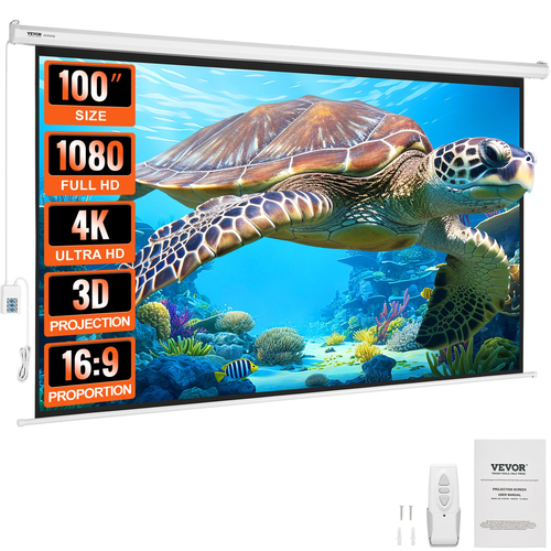VEVOR Μηχανοκίνητη Οθόνη Προβολέα 100 ιντσών 16:9 4K 1080 HD Οθόνη Ηλεκτρικού Προβολέα, Οθόνη αυτόματης προβολής με τηλεχειριστήριο, Οθόνη ταινίας επιτοίχιας βάσης για Οικογενειακό Οικιακό Θέατρο