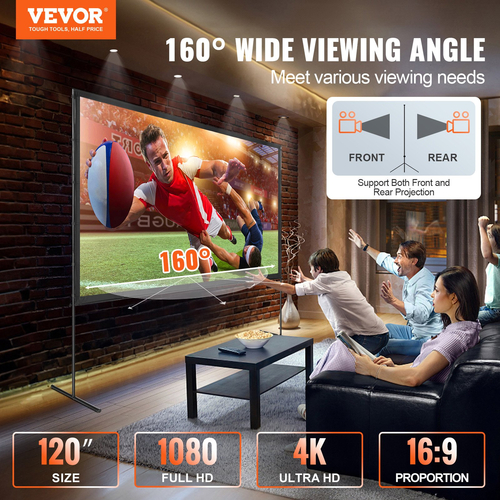 VEVOR Οθόνη προβολέα με βάση, 120 ιντσών 16:9 4K 1080 HD οθόνη εξωτερικής ταινίας με βάση, οθόνη προβολής χωρίς ζάρες με πόδια μπαρ και τσάντα μεταφοράς, για Home Theatre Cinema Backyard Movie Night