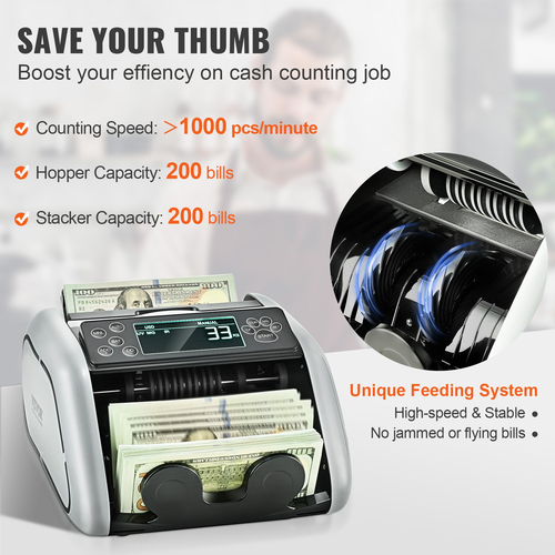 Μετρητής λογαριασμών VEVOR Money Counter Machine με ανίχνευση πλαστών UV MG IR DD