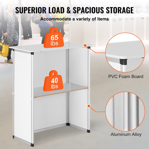 VEVOR Portable Tradeshow Podium Podium, 30,91&quot; x 14,96&quot; x 71,46&quot;, Εκθεσιακό περίπτερο πάγκου έκθεσης με τοίχο, πτυσσόμενο πτυσσόμενο τραπέζι λιανικής πώλησης μπαρ με ράφι αποθήκευσης/τσάντα μεταφοράς
