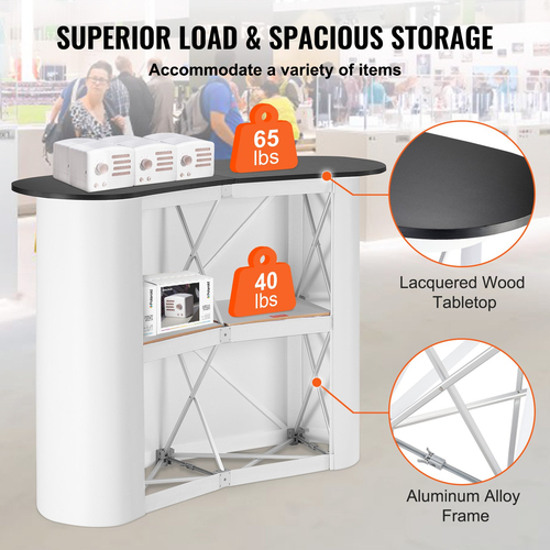VEVOR Portable Tradeshow Podium Podium, 51,18&quot; x 18,31&quot; x 37,4&quot;, Εκθεσιακός πάγκος έκθεσης με τοίχο, Πτυσσόμενος πίνακας προώθησης λιανικής μπαρ Pop Up Podium με ράφι αποθήκευσης, τσάντα μεταφοράς