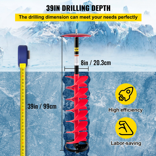 VEVOR Ice Drill Auger, 8 \&quot; Diameter Nylon Ice Auger, 39\&quot; Length Ice Auger Bit, Auger Drill with 11,8\&quot; Extension Rod, Auger Bit with Drill Adapter, Top Plate &amp; Blade Guard for Ice Fishing Ice Burrowing
