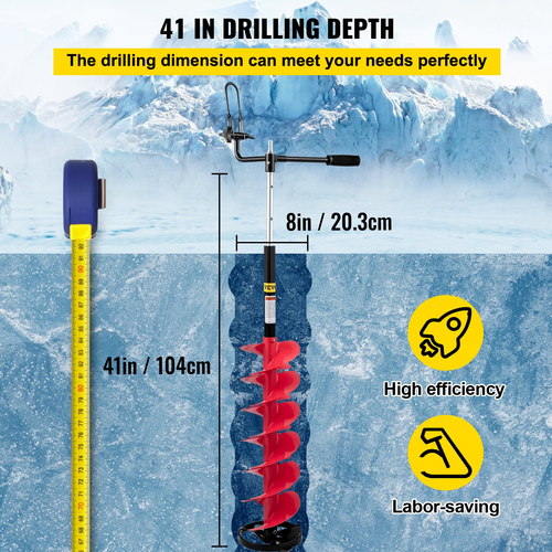 VEVOR Ice Drill Auger, 8\&#039;\&#039; Nylon Ice Auger Diameter, 41\&#039;\&#039; Length Ice Auger Bit, Auger Drill with 14\&#039;\&#039; Right Extension Rod, Λαστιχένια λαβή, Προσαρμογέας τρυπανιού, Αντικαταστάσιμη λεπίδα τρυπήματος για Ice Fish