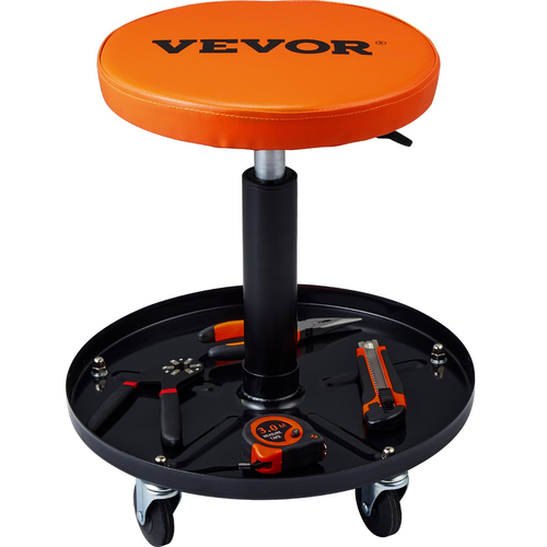 VEVOR Mechanic Stool, 250 LBS Rolling Pneumatic Creeper Garage/Κάθισμα καταστήματος, Ρυθμιζόμενο ύψος 22 σε-28 σε Επενδυμένο σκαμπό εργαστηρίου Rolling με δίσκο εργαλείων, για γκαράζ, κατάστημα, επισκευή αυτοκινήτων, μαύρο+πορτοκαλί