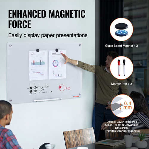 Whiteboard VEVOR Magnetic Glass, Dry Erase Board 36&quot;x24&quot;, Επιτοίχια Μεγάλη Λευκή Γυάλινη Πίνακας χωρίς πλαίσιο, με Δίσκο μαρκαδόρων, Γόμα και 2 Μαρκαδόρους, Λευκό