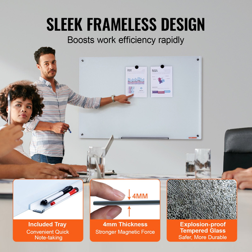 Whiteboard VEVOR Magnetic Glass, Dry Erase Board 36&quot;x24&quot;, Επιτοίχια Μεγάλη Λευκή Γυάλινη Πίνακας χωρίς πλαίσιο, με Δίσκο μαρκαδόρων, Γόμα και 2 Μαρκαδόρους, Λευκό
