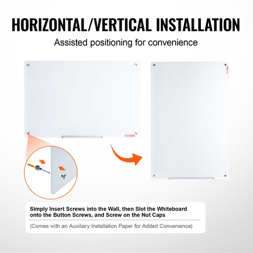 Whiteboard VEVOR Magnetic Glass, Dry Erase Board 36&quot;x24&quot;, Επιτοίχια Μεγάλη Λευκή Γυάλινη Πίνακας χωρίς πλαίσιο, με Δίσκο μαρκαδόρων, Γόμα και 2 Μαρκαδόρους, Λευκό
