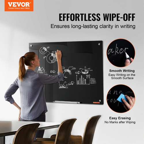 Whiteboard VEVOR Magnetic Glass, Dry Erase Board 36&quot;x24&quot;, Επιτοίχια Μεγάλη Λευκή Γυάλινη Πίνακας χωρίς πλαίσιο, με Δίσκο μαρκαδόρου, Γόμα και 2 Μαρκαδόρους, Μαύρο