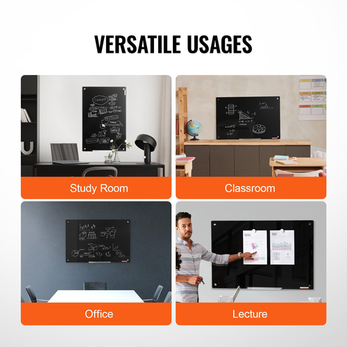 Whiteboard VEVOR Magnetic Glass, Dry Erase Board 36&quot;x24&quot;, Επιτοίχια Μεγάλη Λευκή Γυάλινη Πίνακας χωρίς πλαίσιο, με Δίσκο μαρκαδόρου, Γόμα και 2 Μαρκαδόρους, Μαύρο