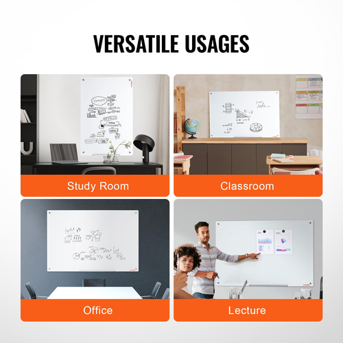 Λευκός πίνακας VEVOR Magnetic Glass, Dry Erase Board 48&quot;x32&quot;, Επιτοίχιος Μεγάλη Λευκή Γυάλινη Πίνακας χωρίς πλαίσιο, με δίσκο μαρκαδόρου, μια γόμα και 2 μαρκαδόρους, λευκό