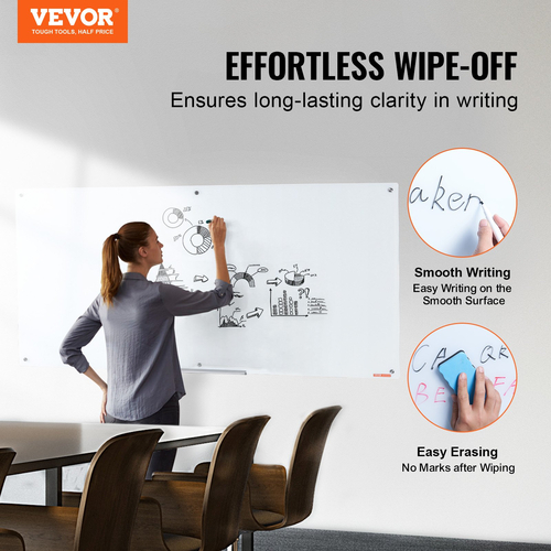 Λευκός πίνακας VEVOR Magnetic Glass, Dry Erase Board 72&quot;x36&quot;, Μεγάλη Λευκή Γυάλινη Πίνακας τοίχου χωρίς πλαίσιο, με δίσκο μαρκαδόρου, γόμα και 2 μαρκαδόρους, λευκό