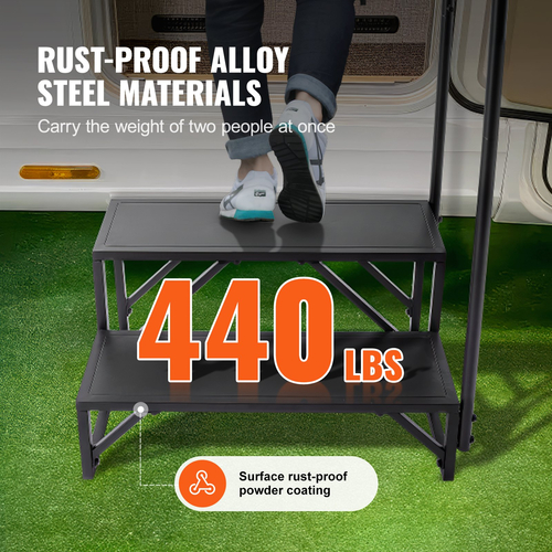 Σκαλοπάτια VEVOR RV, 2-Step RV Stairs, 440 LBS Load Capacity, Thickened Carbon Steel, Με κουπαστή, Αντιολισθητικά σκαλοπάτια για ασφαλή είσοδο και έξοδο, Στολή για RV, Trailer, Camper Steps