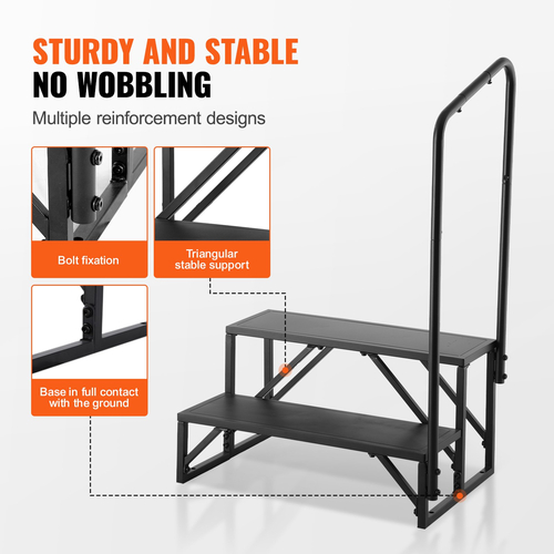 Σκαλοπάτια VEVOR RV, 2-Step RV Stairs, 440 LBS Load Capacity, Thickened Carbon Steel, Με κουπαστή, Αντιολισθητικά σκαλοπάτια για ασφαλή είσοδο και έξοδο, Στολή για RV, Trailer, Camper Steps