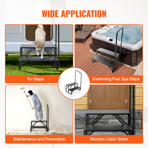 Σκαλοπάτια VEVOR RV, 2-Step RV Stairs, 440 LBS Load Capacity, Thickened Carbon Steel, Με κουπαστή, Αντιολισθητικά σκαλοπάτια για ασφαλή είσοδο και έξοδο, Στολή για RV, Trailer, Camper Steps