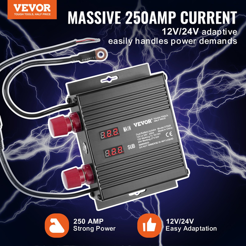 VEVOR Έξυπνος απομονωτής διπλής μπαταρίας 12V/24V 250 Amp Voltage Sensitive Realy LCD