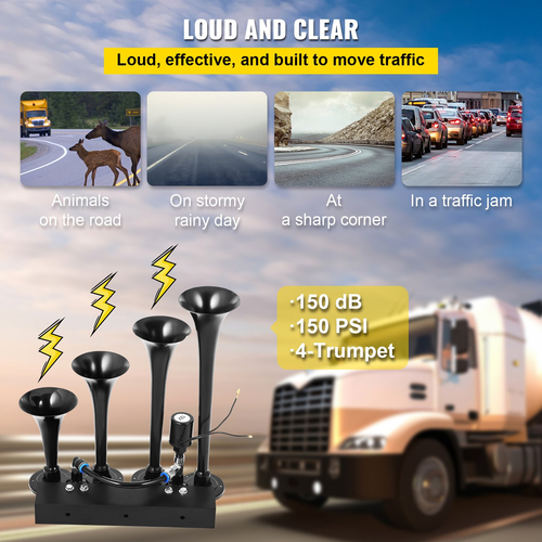 VEVOR Train Horn Kit 4 Trumpet 12V Train Air Horn 150 Decibels με 1,6 Gal Tank 150 PSI Air Compressor for Truck Complete Kit και Blaster Train Horn Kit για φορτηγό, αυτοκίνητο και μοτοσυκλέτα