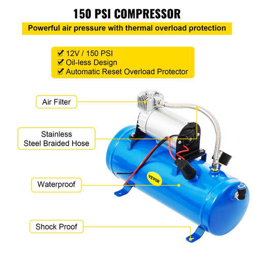 VEVOR Train Horn Kit 4 Trumpet 12V Train Air Horn 150 Decibels με 1,6 Gal Tank 150 PSI Air Compressor for Truck Complete Kit και Blaster Train Horn Kit για φορτηγό, αυτοκίνητο και μοτοσυκλέτα