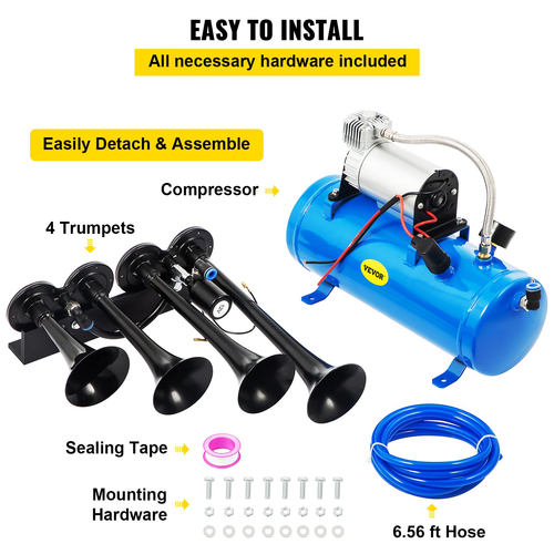 VEVOR Train Horn Kit 4 Trumpet 12V Train Air Horn 150 Decibels με 1,6 Gal Tank 150 PSI Air Compressor for Truck Complete Kit και Blaster Train Horn Kit για φορτηγό, αυτοκίνητο και μοτοσυκλέτα