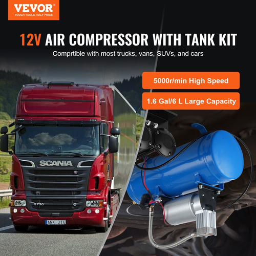VEVOR 12V Air Compressor with Tank 1,6 Gallon/6 L, Train Horn Air Compressor, 120 psi Working Pressure Onboard Air Compressor System for Train Air Horns, Inflating ελαστικά, Air Stratters