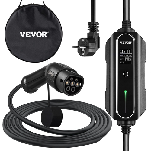 Φορητός φορτιστής EV VEVOR, Type 2 13A, Ηλεκτρικός φορτιστής οχήματος Καλώδιο φόρτισης 10 μέτρων με βύσμα EU 2 pin, ψηφιακή οθόνη, 3kW Waterproof IEC 62196-2 Home Station φόρτισης EV με τσάντα μεταφοράς, CE
