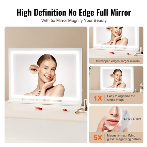 VEVOR Lighted Makeup Καθρέφτης 3 Χρώμα με Bluetooth USB Επιτραπέζιο Βάση τοίχου 21,7 ιντσών