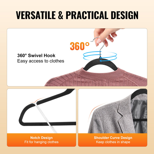 VEVOR Velvet Hangers 50 Pack Μαύρες αντιολισθητικές κρεμάστρες με περιστρεφόμενο γάντζο 360 μοιρών