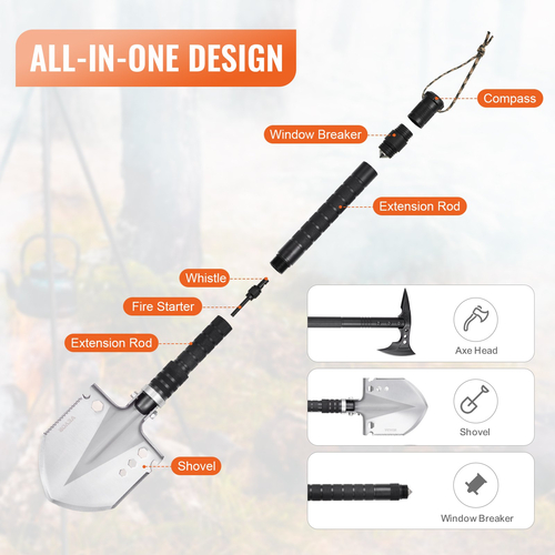 VEVOR Survival Shovel Survival Axe 28-σε-1 Κάμπινγκ Πτυσσόμενα Φτυάρια με Χάτσετ