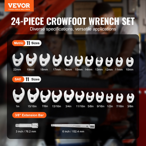 Σετ κλειδιού VEVOR 3/8&quot; Drive Crowfoot με 2 ράβδους επέκτασης, σετ κλειδιού ποδιών Crows 24 τεμαχίων, SAE 3/8&quot;-1&quot; και Metric 10-22 mm, Σετ κλειδιού Crowfoot από ατσάλι CR-MO, με EVA Tool Organizer