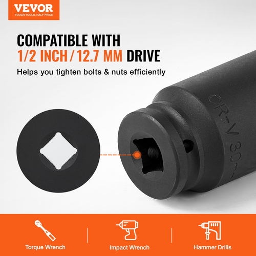VEVOR Axle Nut Impact Socket Socket 1/2&quot; Drive Deep 6+12 Point 14PCS Metric Socket