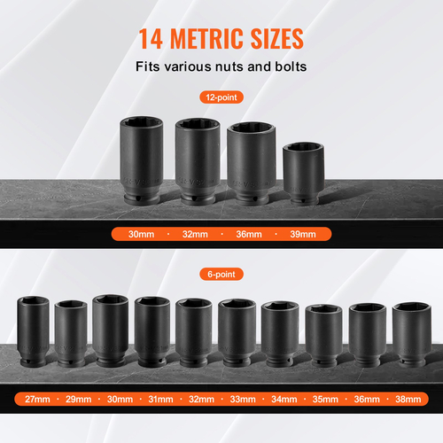 VEVOR Axle Nut Impact Socket Socket 1/2&quot; Drive Deep 6+12 Point 14PCS Metric Socket