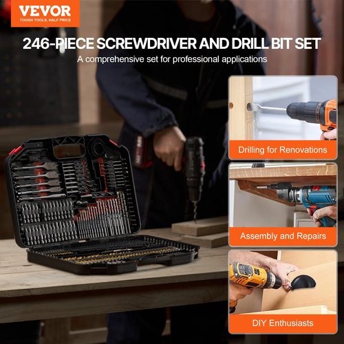 VEVOR Σετ τρυπανιών 246 τμχ Σετ κατσαβιδιών με θήκη μεταφοράς πολλαπλών χρήσεων