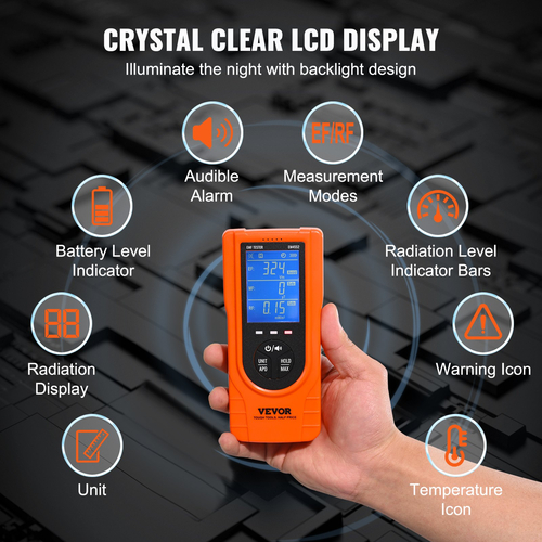 VEVOR Ψηφιακός μετρητής EMF LCD 3 σε 1 Ανιχνευτής ηλεκτρομαγνητικής ακτινοβολίας EF MF RF