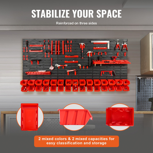 VEVOR Επιτοίχιοι κάδοι αποθήκευσης, 30-Bin Parts Rack Organizer Garage Plastic Shop Εργαλείο με πάνελ τοίχου/Θήρες εργαλείων/Γάντζοι, Οργανωτής εργαλείων για παξιμάδια, μπουλόνια, βίδες, καρφιά, χάντρες, κουμπιά, μαύρο και κόκκινο