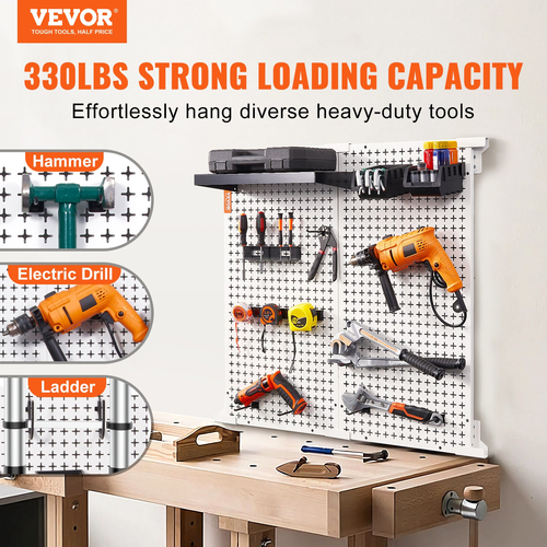 VEVOR Pegboard Wall Organizer 32&quot; x 32&quot;, 330LBS Loading Garage Metal Pegboard Organizer Wall Mount, 25PCS Tool Storage Kit με 2 μανταλάκια, γάντζους, δοχεία αποθήκευσης, ράφια ραφιών για κατάστημα γκαράζ αποθήκης
