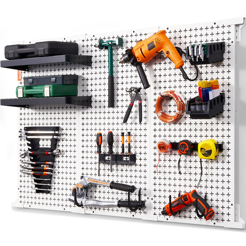 VEVOR Pegboard Wall Organizer 48&quot; x 32&quot;, 495LBS Loading Garage Metal Pegboard Organizer Βάση τοίχου, 37PCS Tool Storage Kit με 3 μανταλάκια, γάντζους, δοχεία αποθήκευσης, ράφια ραφιών για κατάστημα γκαράζ αποθήκης