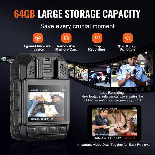 VEVOR 1440P Police Body Camera 64G Body Cam με μπαταρία 2850 mAh Night Vision