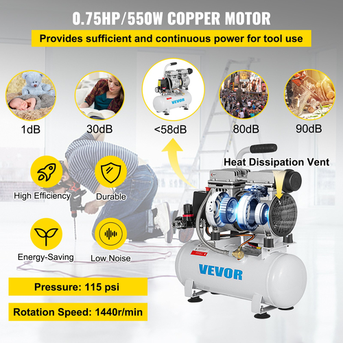 VEVOR Air Compressor 2 Gallon Ultra Quiet Αερόσυμπιεστής χωρίς λάδι 9L Αθόρυβος Αεροσυμπιεστής Δεξαμενής 550W Συμπιεστής χωρίς λάδι Χαμηλού θορύβου με κινητήρα καθαρού χαλκού