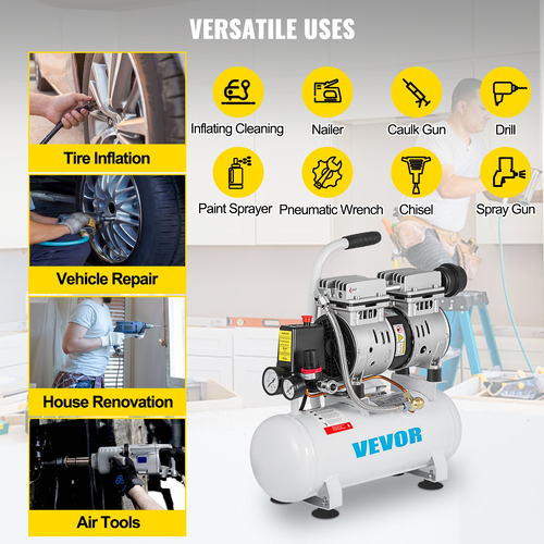 VEVOR Air Compressor 2 Gallon Ultra Quiet Αερόσυμπιεστής χωρίς λάδι 9L Αθόρυβος Αεροσυμπιεστής Δεξαμενής 550W Συμπιεστής χωρίς λάδι Χαμηλού θορύβου με κινητήρα καθαρού χαλκού