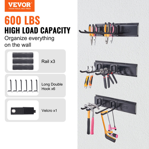 VEVOR Garage Tool Organizer, 600 lbs Max Load Capacity, Wall Mount Yard Garden Storage Rack Organization Heavy Duty με 6 ρυθμιζόμενους γάντζους και 3 ράγες, για εργαλεία κήπου, φτυάρια, ψαλίδια και σωλήνες